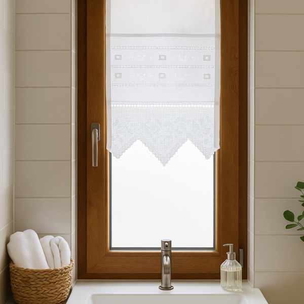 Fenstervorhang aus Baumwolle mit handgehäkelter Spitze – romantischer Vintage-Look weiß 40x75 cm