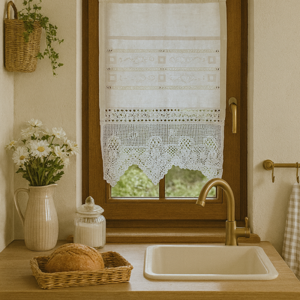 Alternative view of Fenstervorhang aus Baumwolle mit handgehäkelter Spitze – romantischer Vintage-Look weiß 40x75 cm