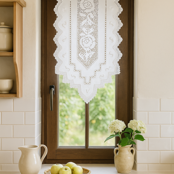 Fenstervorhang aus Baumwolle mit handgehäkelter Spitze – romantischer Vintage-Look weiß 40x60 cm