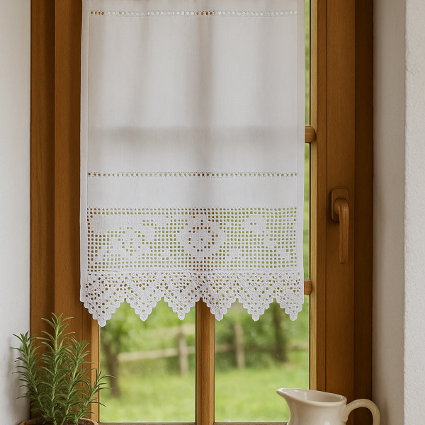 Fenstervorhang Baumwolle mit handgehäkelter Spitze – romantischer Vintage-Look BxH 30x45 cm