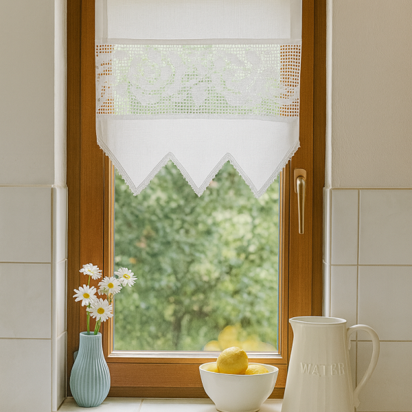 Romantische Gardine mit Häkelspitze im Vintage-Look, Weiß, 45x60 cm, 70% Baumwolle / 30% Polyester, halbtransparent