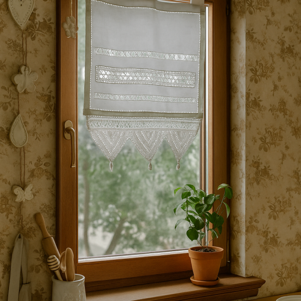 Fenstervorhang Baumwolle mit handgehäkelter Spitze – romantischer Vintage-Look BxH 30x45 cm