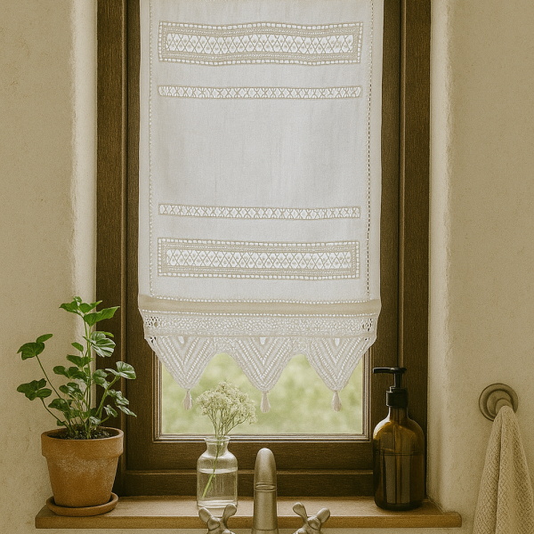 Fenstervorhang Baumwolle mit handgehäkelter Spitze – romantischer Vintage-Look BxH 30x60 cm