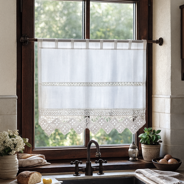Fenstervorhang aus Baumwolle mit handgehäkelter Spitze – romantischer Vintage-Look BxH 40x50 cm