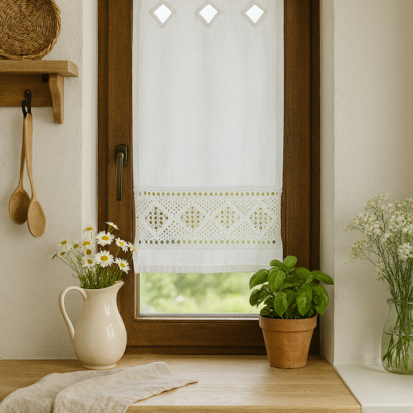 Fenstervorhang aus Baumwolle mit handgehäkelter Spitze – romantischer Vintage-Look BxH 35x50 cm