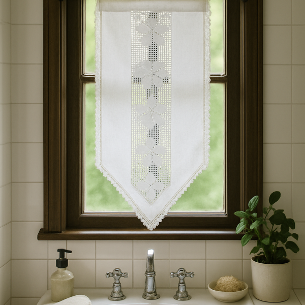 Fenstervorhang aus Baumwolle mit handgehäkelter Spitze – romantischer Vintage-Look BxH 40x80 cm