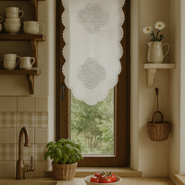 Fenstervorhang aus Baumwolle mit handgehäkelter Spitze – romantischer Vintage-Look weiß 45x75 cm