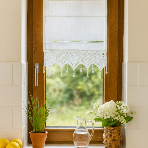 Fenstervorhang aus Baumwolle mit handgehäkelter Spitze – romantischer Vintage-Look weiß 50x60 cm