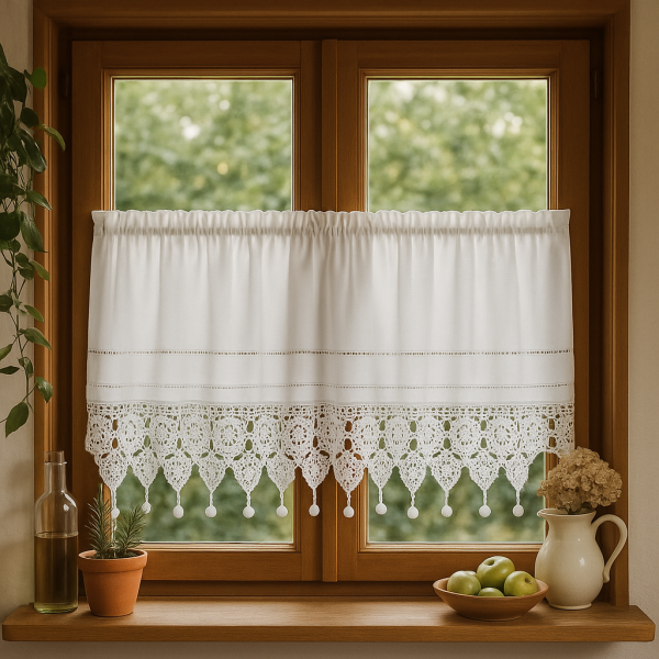 Fenstervorhang aus Baumwolle mit handgehäkelter Spitze – romantischer Vintage-Look weiß HxB 50x120 cm