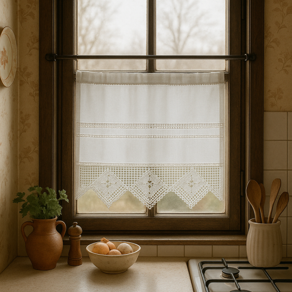 Fenstervorhang aus Baumwolle mit handgehäkelter Spitze – romantischer Vintage-Look BxH 50x75 cm