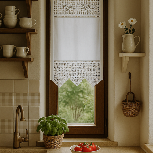 Romantische Gardine mit Häkelspitze im Vintage-Look, Weiß, 45x75 cm, 100% Baumwolle, halbtransparent