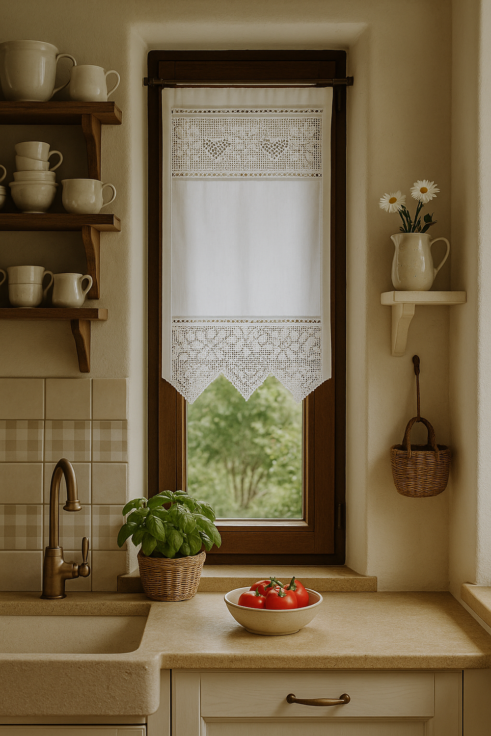 Romantische Gardine mit Häkelspitze im Vintage-Look, Weiß, 45x75 cm, 100% Baumwolle, halbtransparent 1 Romantische Gardine mit Häkelspitze im Vintage-Look, Weiß, 45x75 cm, 100% Baumwolle, halbtransparent