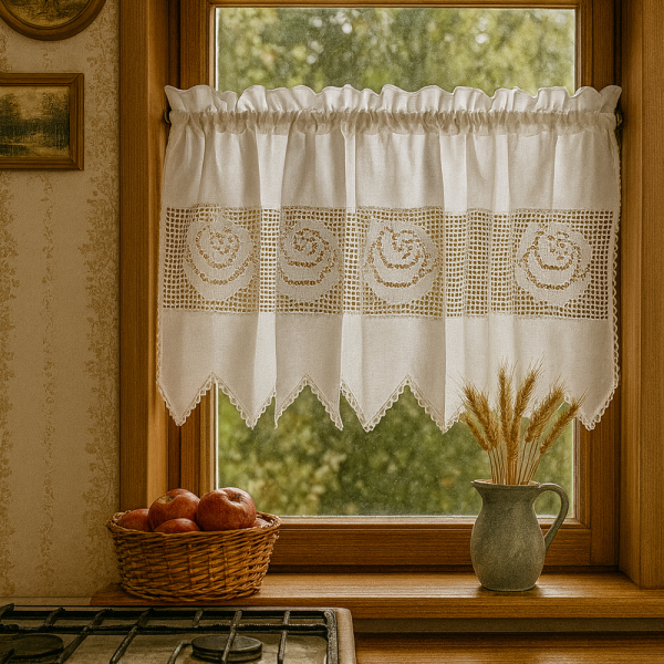 Fenstervorhang aus Baumwolle mit handgehäkelter Spitze – romantischer Vintage-Look BxH 125x40 cm