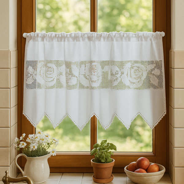 Fenstervorhang aus Baumwolle mit handgehäkelter Spitze – romantischer Vintage-Look BxH 125x55 cm