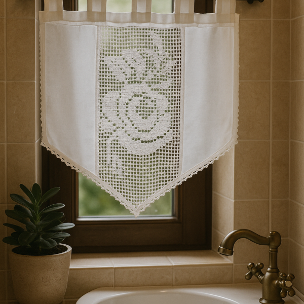 Fenstervorhang aus Baumwolle mit handgehäkelter Spitze – romantischer Vintage-Look BxH 35x45 cm