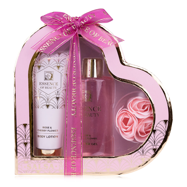 Accentra Badeset Essence of Beauty – Rose & Cherry Flower | Geschenkset mit Duschgel, Bodylotion & Baderosen 440 ml