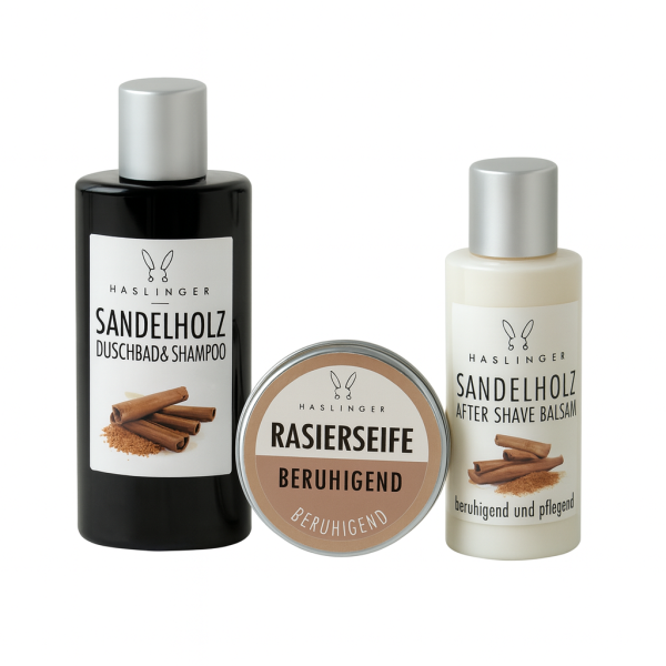 Geschenkset Sandelholz – Duschbad & Shampoo 200 ml, After Shave Balsam 100 ml & Rasierseife 60 g