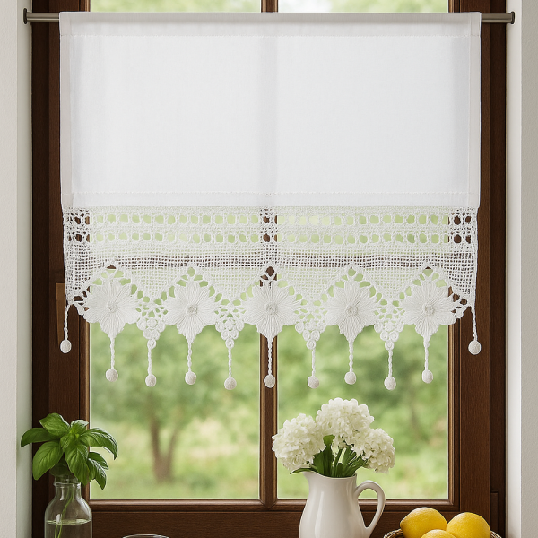 Fenstervorhang aus Baumwolle mit handgehäkelter Spitze – romantischer Vintage-Look weiß 35x60 cm