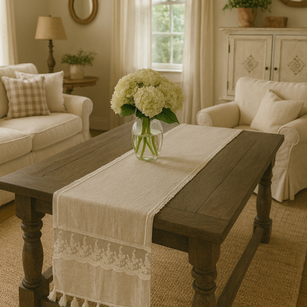 Tischläufer romantisch bestickt Vintage Offwhite mit Quasten ca. 70x200 cm