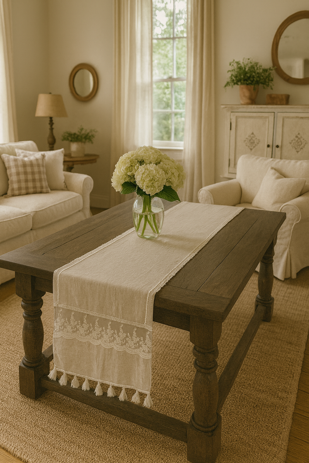 Tischläufer romantisch bestickt Vintage Offwhite mit Quasten ca. 70x200 cm 1 Tischläufer romantisch bestickt Vintage Offwhite mit Quasten ca. 70x200 cm