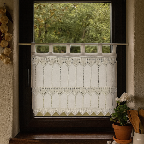 Fenstervorhang aus Baumwolle mit handgehäkelter Spitze – romantischer Vintage-Look BxH 40x40 cm