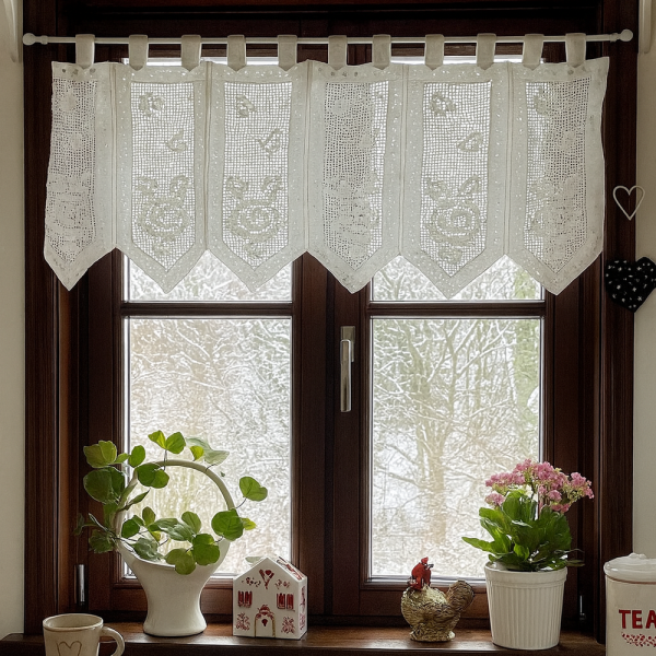 Fenstervorhang aus Baumwolle mit handgehäkelter Spitze – romantischer Vintage-Look weiß HxB 43x100 cm