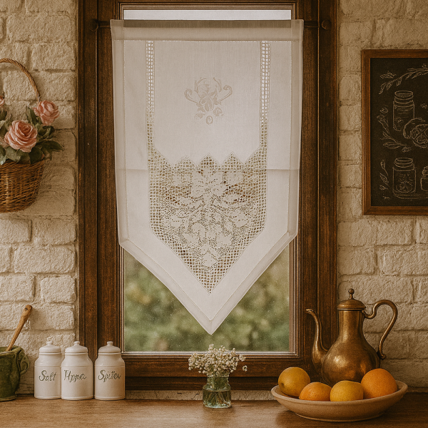 Fenstervorhang aus Baumwolle mit handgehäkelter Spitze – romantischer Vintage-Look BxH 40x70 cm