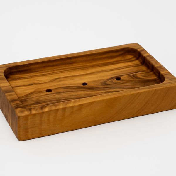 Handgefertigte Seifenschale aus Olivenholz eckig mit Ablauflöcher 12x8 cm