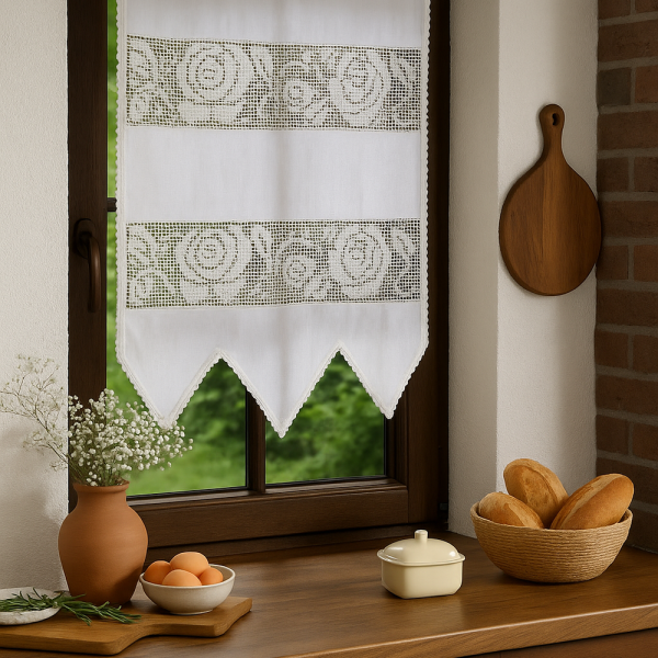 Romantische Gardine mit Häkelspitze im Vintage-Look, Weiß, 45x75 cm, 70% Baumwolle / 30% Polyester, halbtransparent
