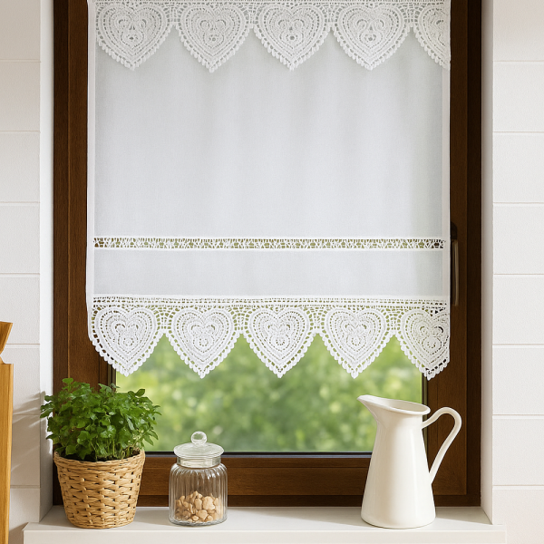 Fenstervorhang aus Baumwolle mit handgehäkelter Spitze – romantischer Vintage-Look weiß BxH 40x60 cm