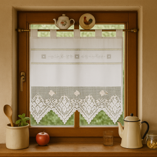 Fenstervorhang Baumwolle mit handgehäkelter Spitze – romantischer Vintage-Look BxH 40x50 cm