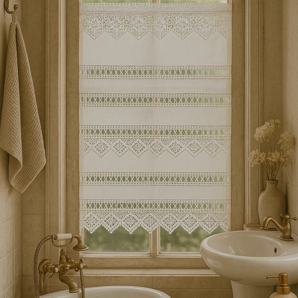 Fenstervorhang aus Baumwolle mit handgehäkelter Spitze – romantischer Vintage-Look BxH 40x70 cm