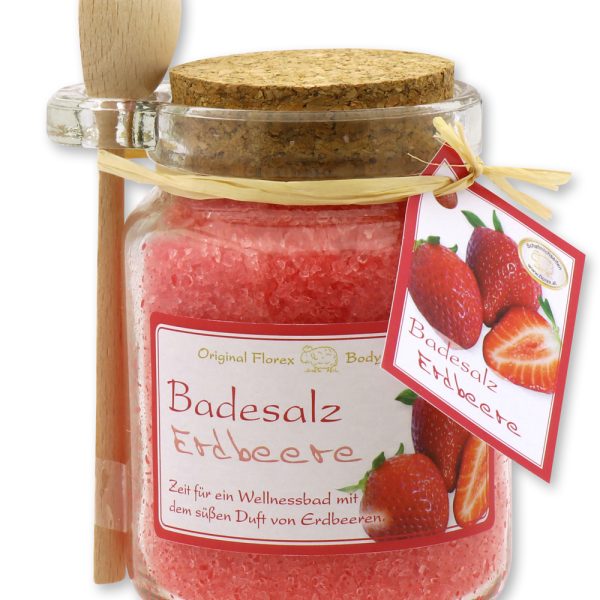 Florex Badesalz Erdbeere mit Schafmilch im dekorativen Glas mit Holzlöffel 300 g