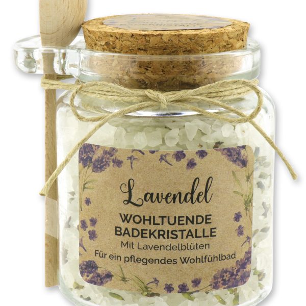 Florex Badesalz Lavendel grob mit Schafmilch im dekorativen Glas mit Holzlöffel 300 g