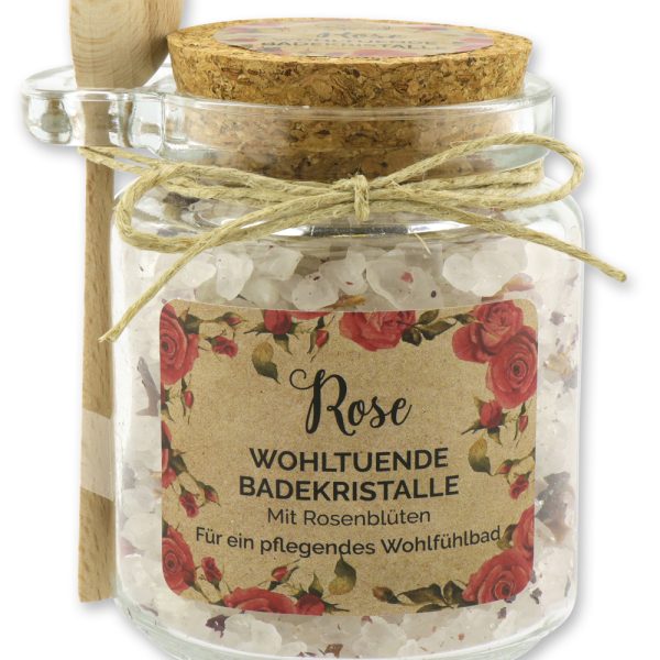 Florex Badesalz Rose grob mit Schafmilch im dekorativen Glas mit Holzlöffel 300 g